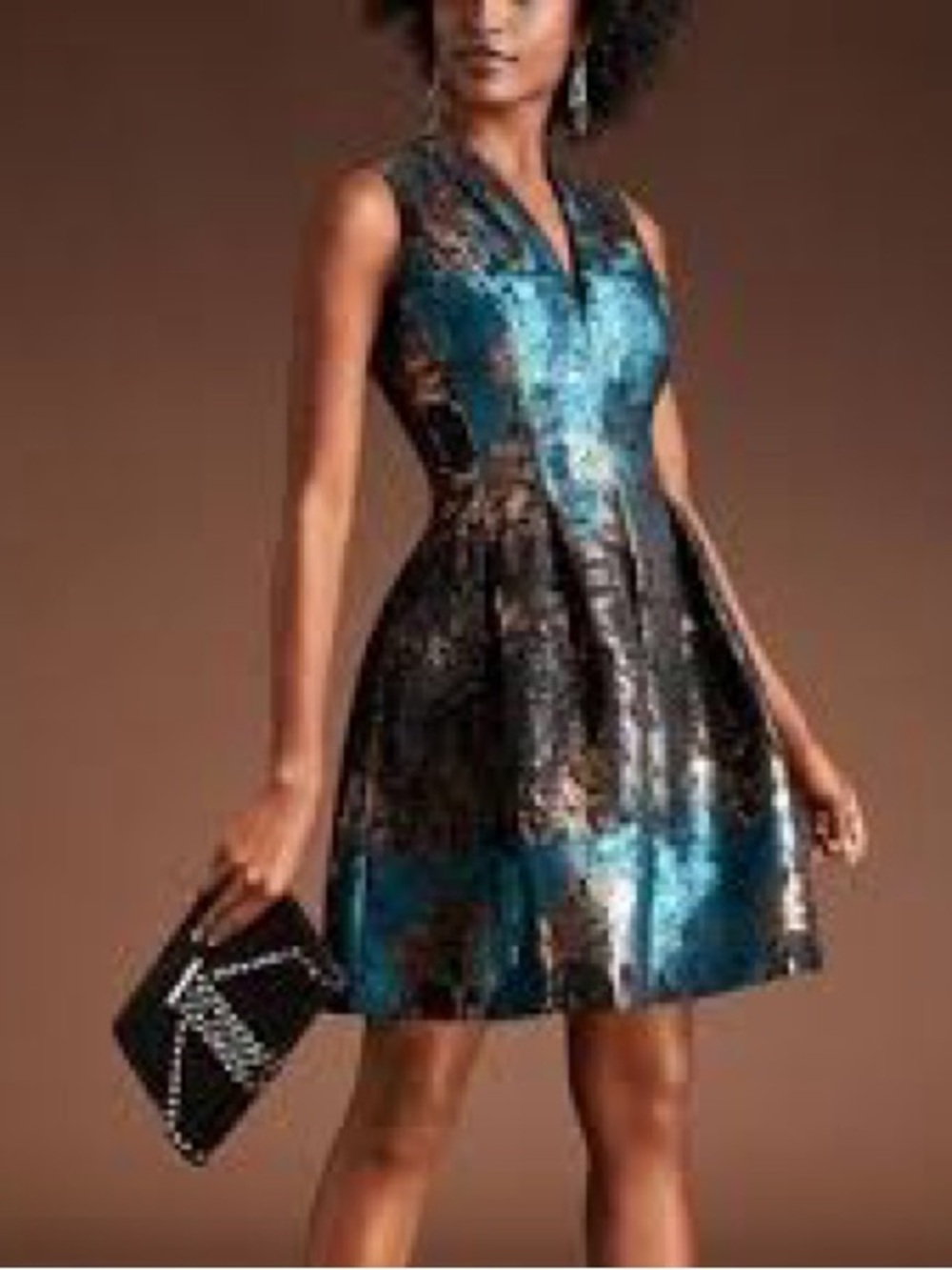 Vince Camuto Teal and Black Jacquard Fit-and-Flare Mini Dress